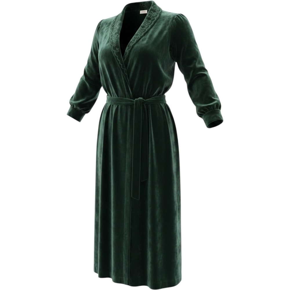 Amanda Stewart Intimates Green Velvet Embroidered Robe Shawl Collar Small 18251
